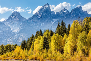 View of the Grand Teton Mountains from Schwabacher Landing on the Snake River. Grand Teton National Park, Wyoming, United States.