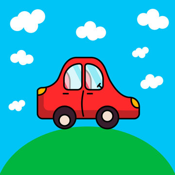 illustration of red children's car rides through the grass. sky and clouds