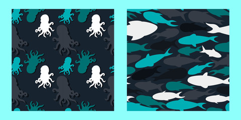 set of two seamless patterns with marine inhabitants. octopus and fish on dark backround. Modern abstract design for paper, cover, fabric, interior decor