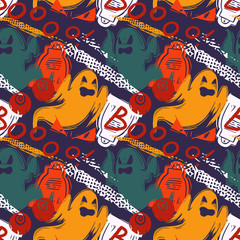 Abstract seamless halloween pattern for girls, boys, clothes. Creative background with dots, geometric figures Funny wallpaper for textile and fabric. Fashion style. Colorful bright