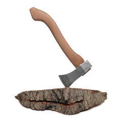 Camping hatchet, ax for bushcraft with stump of oak wood, branches isolated on white background