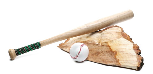 Baseball and wooden bat isolated on white background