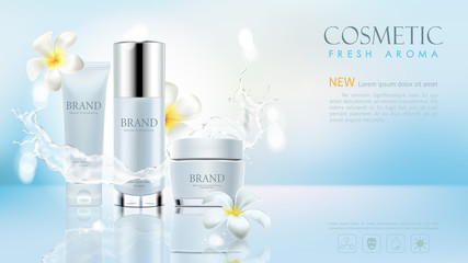 Cosmetic product ads on blue clear background
