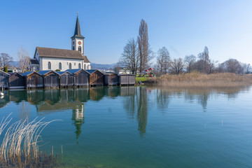 Fototapeta na wymiar The idyllic ancient village of Busskirch, on the shores of the Upper Zurich Lake, Rapperswil-Jona, Sankt Gallen, Switzerland