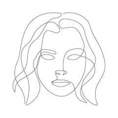 Woman face in one line. Black continuous line forming contour of face. Vector illustration
