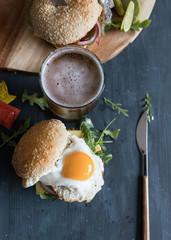 Overhead view of a vegan quorn burger with a fried egg in the top.