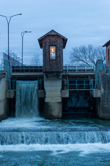 Close-up of the old water plant. Water sluice gate.