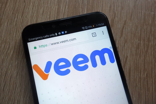 KONSKIE, POLAND - JULY 17, 2018: Veem fintech company website displayed on a modern smartphone
