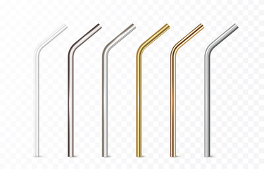 Straws set isolated on transparent background. Stainless, steel, golden and plastic pipes. Vector 3d eco reusable metal tubes..