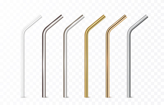 Straws set isolated on transparent background. Stainless, steel, golden and plastic pipes. Vector 3d eco reusable metal tubes..