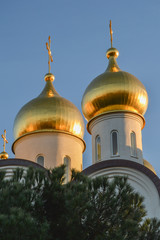 Golden domes Russian Orthodox Church of Santa Maria Magdalena in Madrid. Spain Europe.