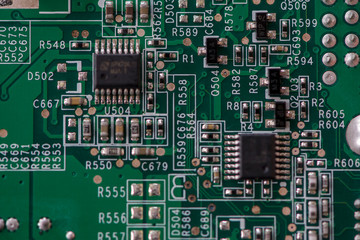 Close-up of electronic components. SMD resistors, capacitors and integrated circuits.