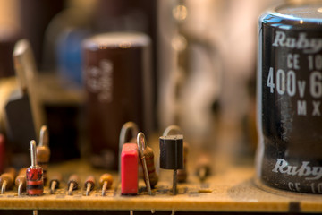 Close-up of electronic components. Pin through hole components