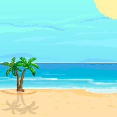 Pixel background for summer vacation.Summer beach game background. Pixel art 8 bit. 