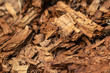 Tree shredded chips macro close up wooden texture