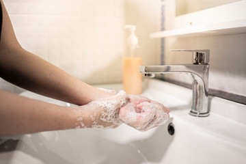 Washing hands rubbing with soap for corona virus prevention, hygiene to stop spreading coronavirus.