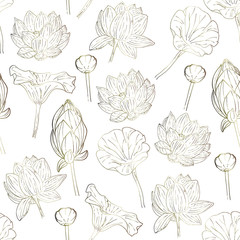 Lotus flower seamless pattern. gold engraved ink art. Floral tropical background with water lily, outline, hand-drawing.