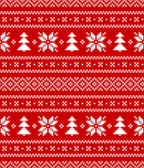 Nordic pattern. Seamless Christmas and New Year pixel pattern in red and white with traditional snowflakes and Christmas trees.