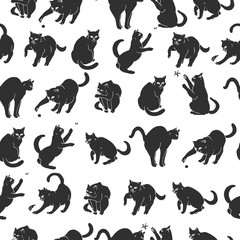 Seamless pattern with hand drawn playful black cats.