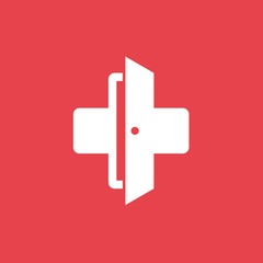 Medical logo icon design template with cross and plus. Vector sign on red background.