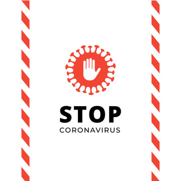 Coronavirus and epidemic attention concept. Vector flat illustration. Stop hand gesture sign on virus frame. Vertical banner template. Design element for medicine infographic, ui, presentation.