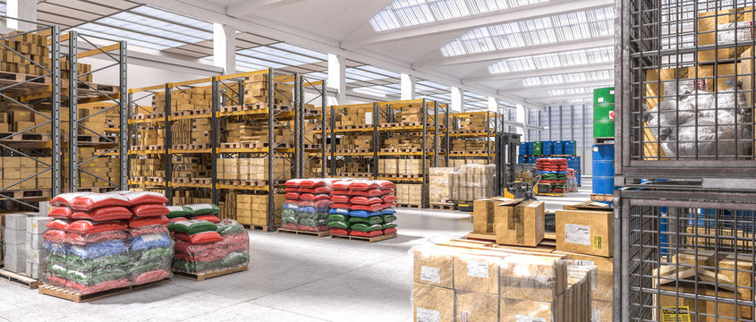 industrial warehouse with shelves full of different goods.