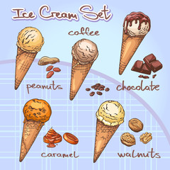 Ice cream set. Ice cream scoops with chocolate, peanuts, walnuts, caramel and coffee isolated on background.
