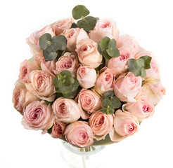 flower bouquet of rosy flowers roses and eucalyptus