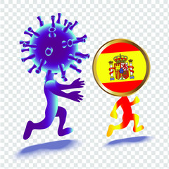 Cartoon illustration of people in the image of the bacteria Coronovirus and Spain. Isolated image of cartoon characters. Epidemic concept.