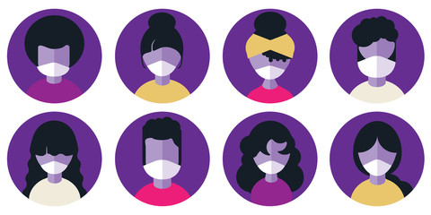 Diverse Group Character Icon Set Wearing Medical Masks, Multicultural COVID19 Corona Virus Concept
