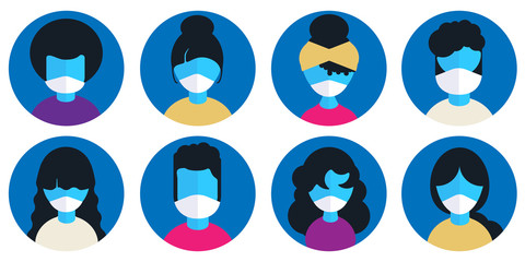 Diverse Group Character Icon Set Wearing Medical Masks, Multicultural COVID19 Corona Virus Concept