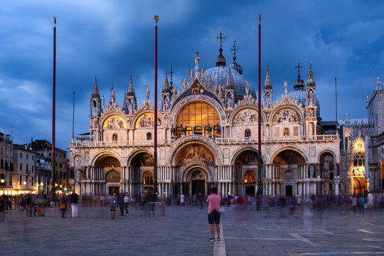 Scenic evening view of St Marks cathedral from the piazza of San Marco