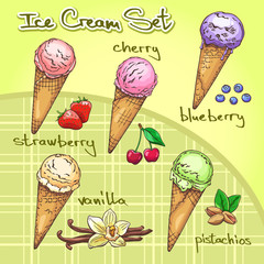 Ice cream set. Ice cream scoops with strawberries, blueberries, cherry, vanilla and pistachio isolated on background.