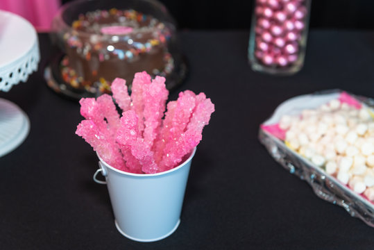 Lollipop Rock Sugar Crystal Pink Candy Sweets Stick White Bucket Table