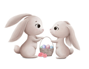 Two Cute Little Bunnies with Easter Basket