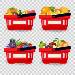 Fresh fruits in red basket vector illustration. Healthy diet concept. Organic fruits and berries.