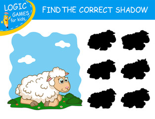 Find the correct shadow the cute cartoon Lamb on colorful background. Educational matching game for children with fun character. Logic Games for Kids. Learning card for child kindergarten or school