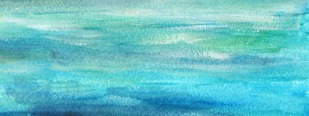Hand painted blue sky and sea abstract watercolor background. Hand drawn grunge backdrop for banner, greeting card, website, invitation, celebration