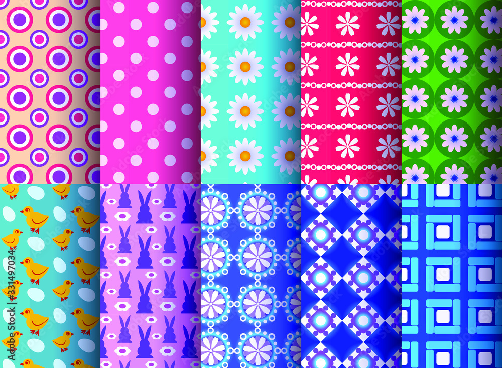 Poster seamless textile patterns, collection in different colors,