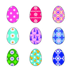 vector flat colorful easter egg with patterns, flowers, bunny chick