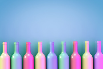 A row of multi-colored wine bottles. Blue background. With copy space.