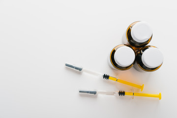 Coronavirus Vaccine, Corona virus Vaccine concept with syringe and.antidote on white background....
