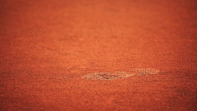 Detail with sport shoe footprint on a tennis clay court during a match