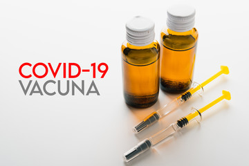 Coronavirus Vaccine, Corona virus Vaccine concept with syringe and.antidote on white background. Vaccine Concept of fight against coronavirus.