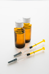 Coronavirus Vaccine, Corona virus Vaccine concept with syringe and.antidote on white background. Vaccine Concept of fight against coronavirus.