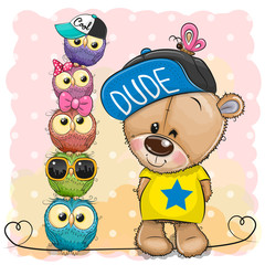 Cartoon Teddy Bear and owls on a pink background