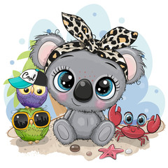 Cartoon Koala, owls and crab on the beach © reginast777