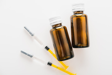 Coronavirus Vaccine, Corona virus Vaccine concept with syringe and.antidote on white background. Vaccine Concept of fight against coronavirus.