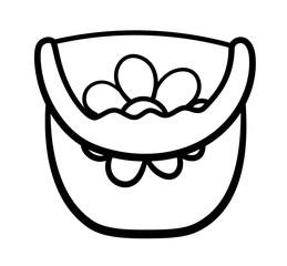 Plastic baby bucket with a handle and flower drawing in black lines on white backgound
