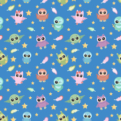 Seamless vector pattern with cute owls and feathers isolated on night background. Vector illustration for textile, ceramics, fabric, print, cards, wrapping.